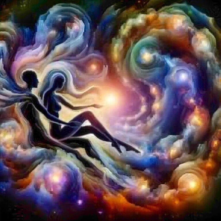 Two luminous beings dissolve into cosmic fluidity, embodying the frequency of unconditional love — where sexual energy flows as sacred light beyond form