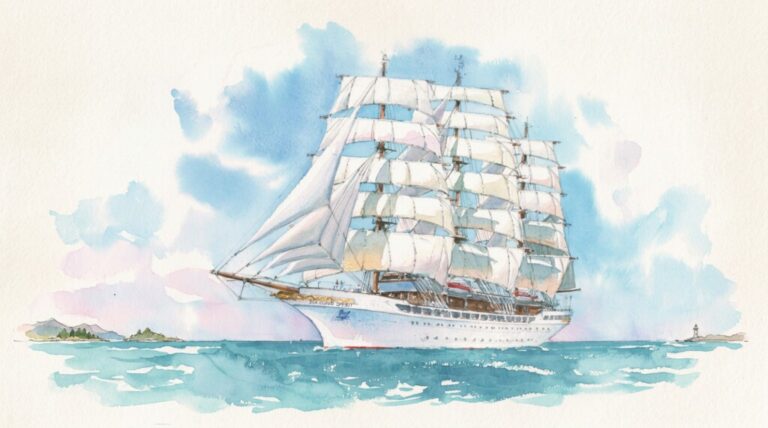 Watercolor painting of a tall sailing ship moving calmly across the sea under a soft sky.