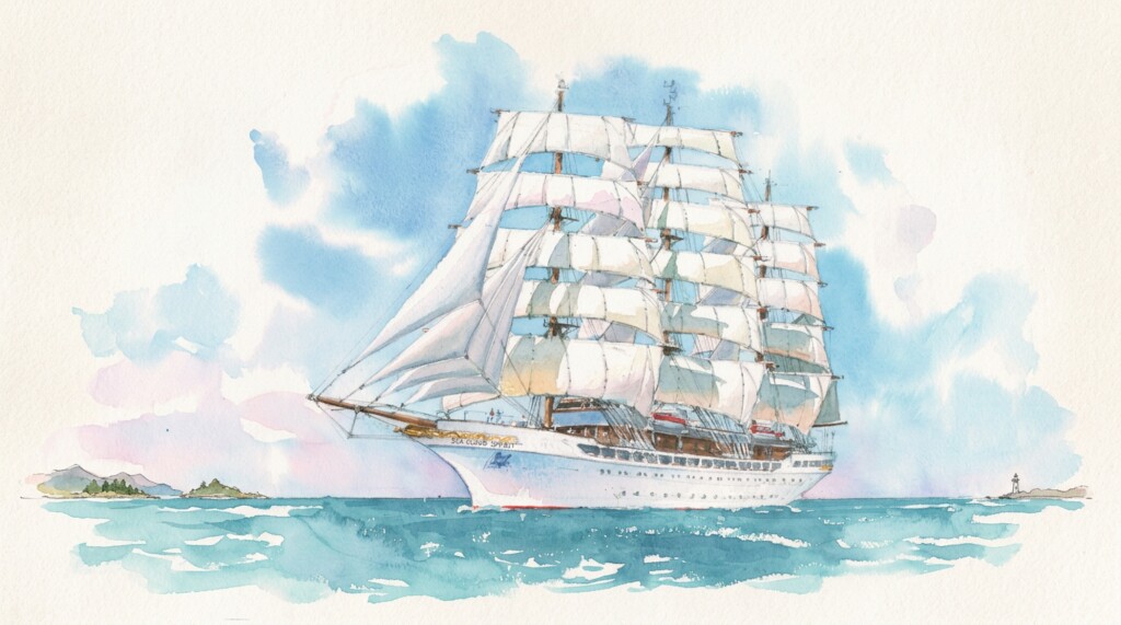 Watercolor painting of a tall sailing ship moving calmly across the sea under a soft sky.