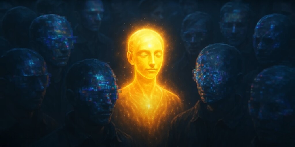 Golden luminous figure standing amidst pixelated shadows, symbolizing awakening within the simulation and spiritual liberation.