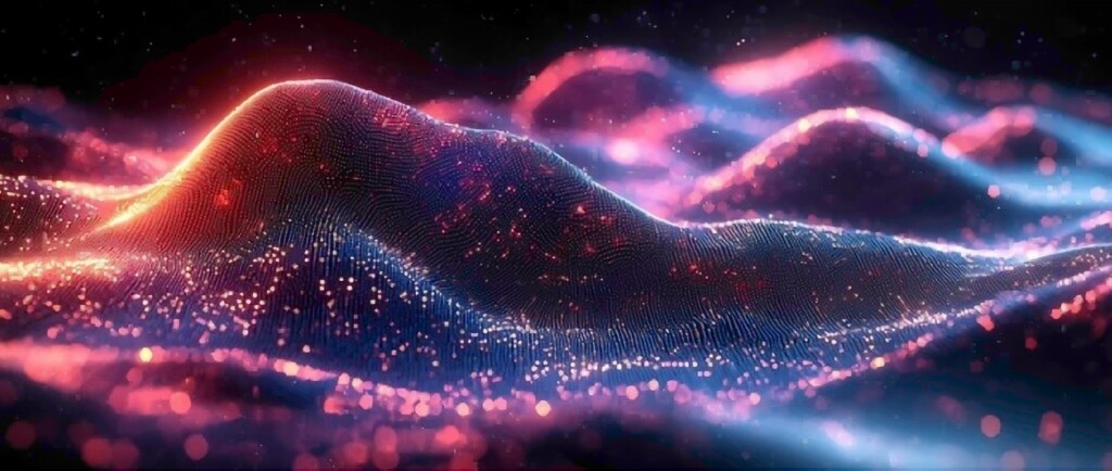 Digital mesh landscape with radiant light nodes, representing the energetic terrain of heart–root coherence and cellular intelligence.
