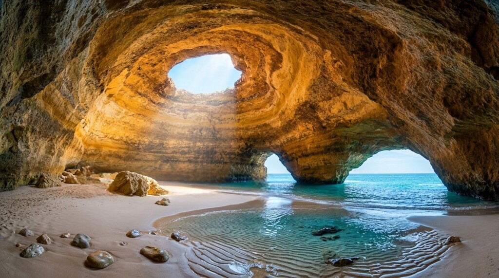 A large sea cave with a circular skylight and two openings to the ocean, illuminated by warm sunlight.