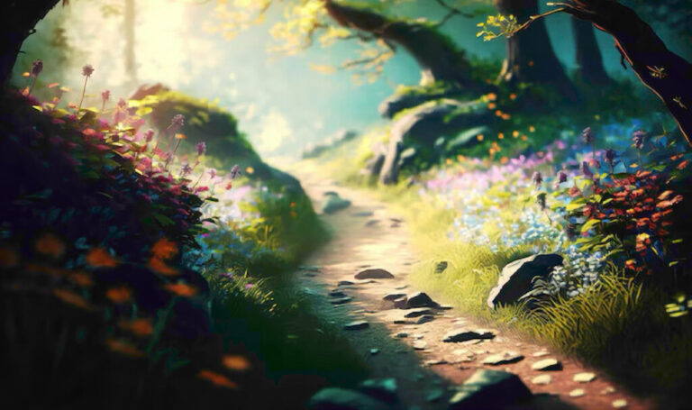 Winding forest path surrounded by vibrant flowers and sunlight-dappled trees, symbolizing the journey into cellular awakening and the I AM Zero Point Field.