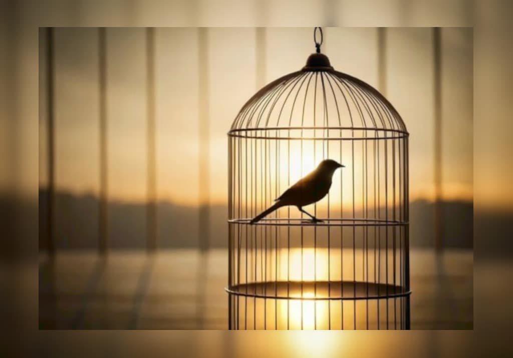 Caged bird as symbol of people caged in bureaucratic systems.