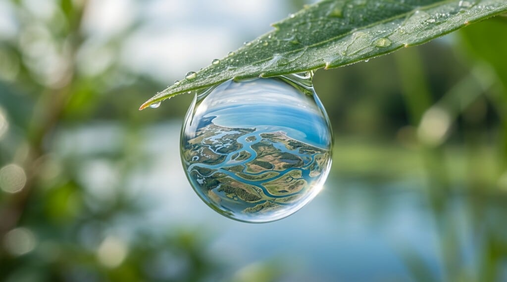 A close‑up of a water droplet hanging from a leaf, reflecting a miniature river‑delta landscape.