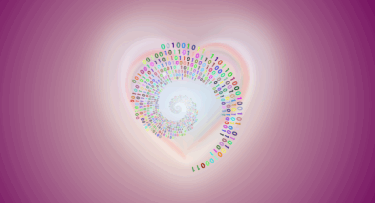 Spiral of rainbow-coded binary within a heart