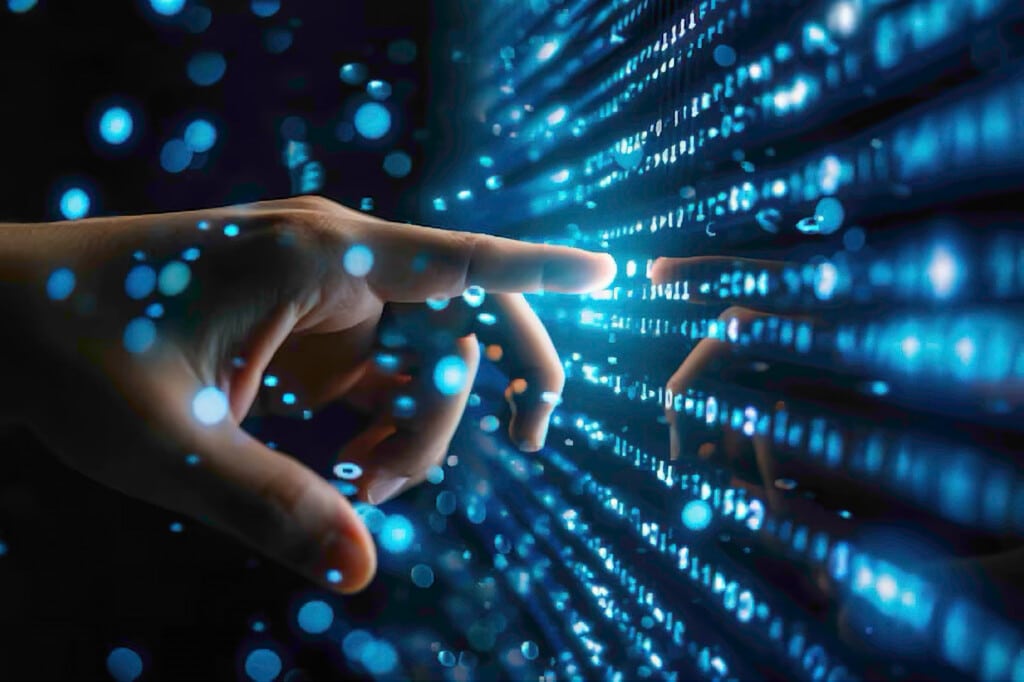 A human hand reaching toward a field of glowing blue points and lines, symbolizing intentional contact with the unified field of intelligence