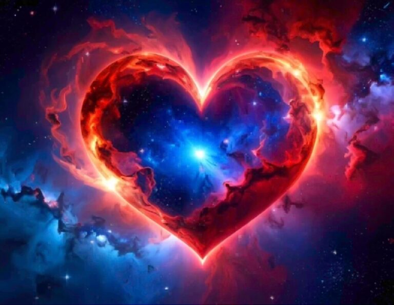 A heart-shaped nebula glows in space, with fiery red and orange plasma forming its edges and a luminous blue center radiating clarity and calm. Surrounding cosmic clouds in purple and deep blue evoke mystery and depth, symbolizing love as a universal truth