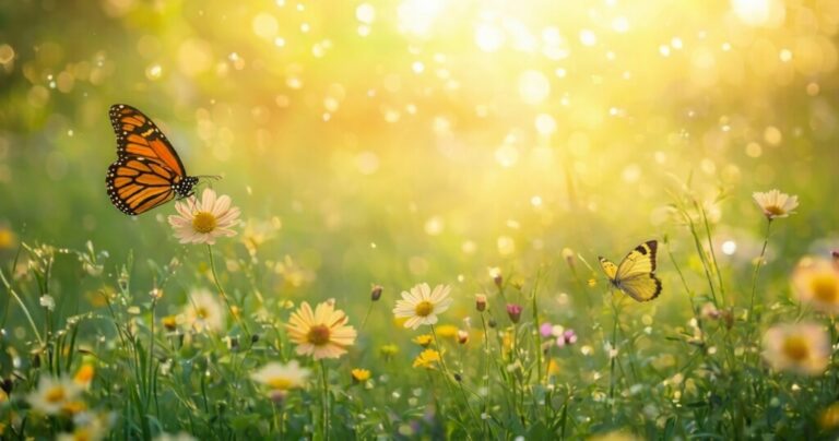 Sunlit flower meadow with soft green grasses, gentle breeze, and a butterfly in mid‑flight.