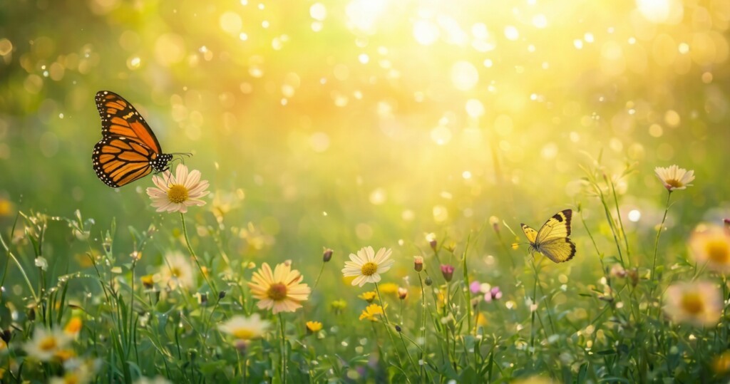 Sunlit flower meadow with soft green grasses, gentle breeze, and a butterfly in mid‑flight.