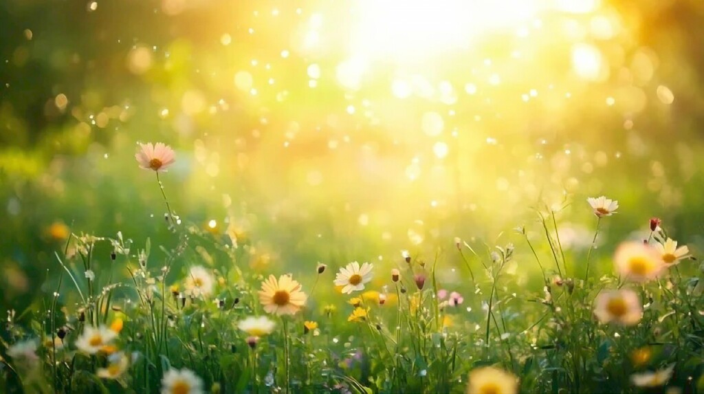 A sunlit meadow filled with wildflowers and tall grass glowing in warm golden light.