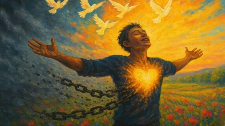 A radiant figure stands in a flower meadow with arms outstretched, heart glowing as shackles brake. Doves rise into the sky, symbolizing liberation and the awakening to zero point resonance.